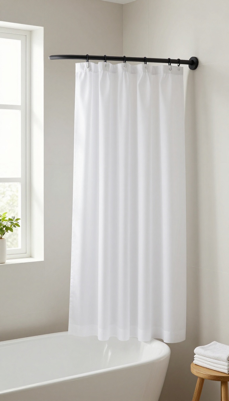 Minimalist bathroom with a matte black straight shower curtain rod and white curtain, bathtub, and natural light