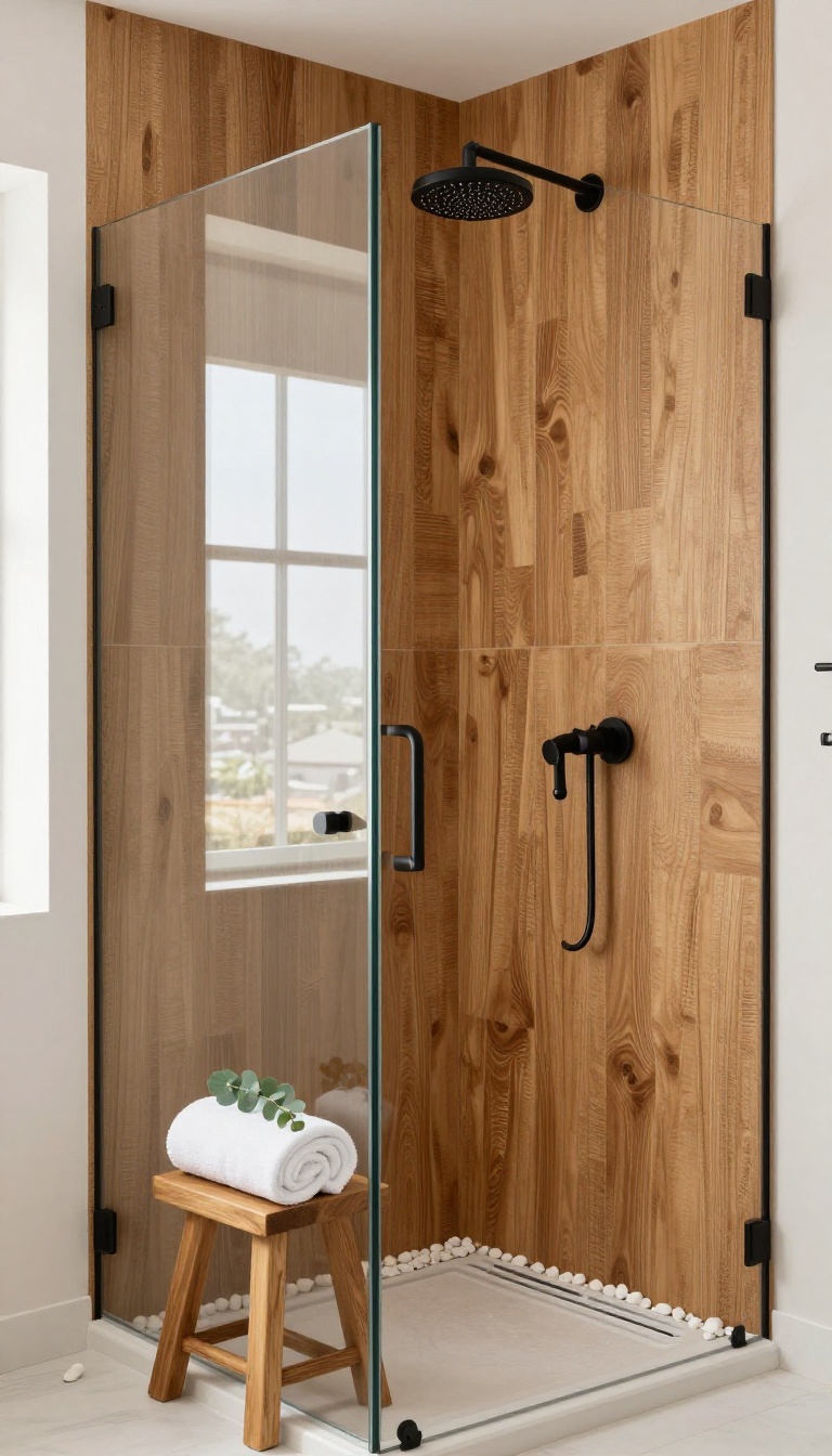 Modern spa-style shower with warm wood-look waterproof vinyl plank walls, black fixtures, and bright natural light