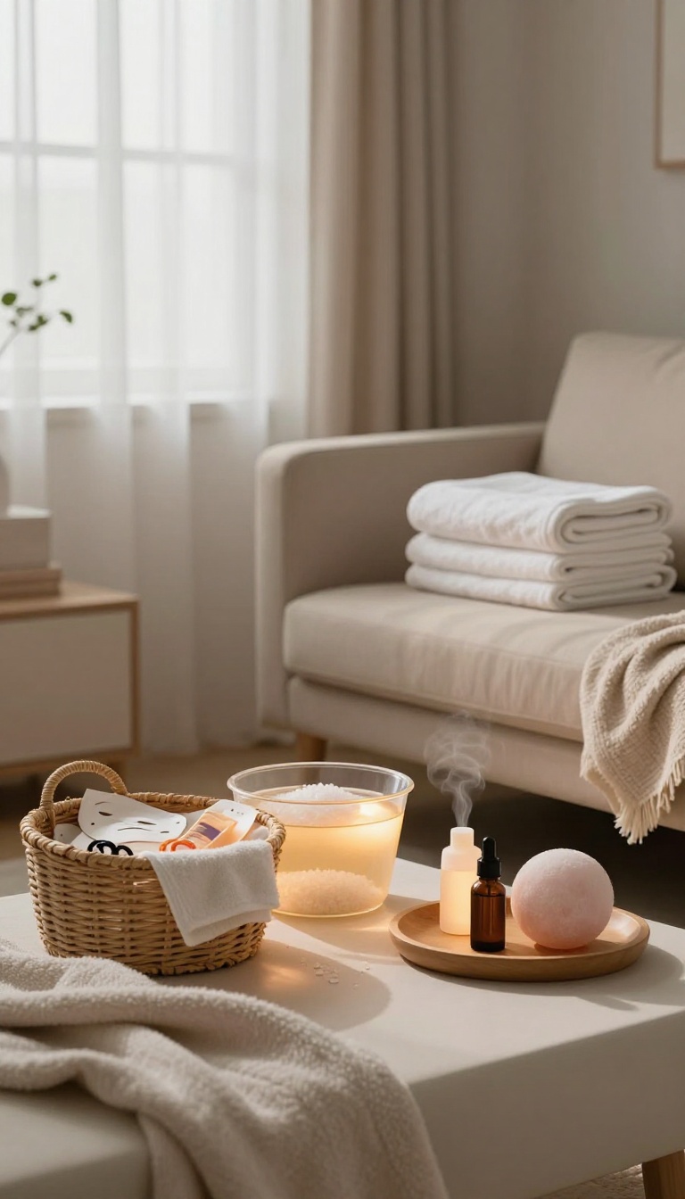 Cozy living room corner set up as a DIY spa night with towels, face masks, foot soak bins, and soft warm lighting