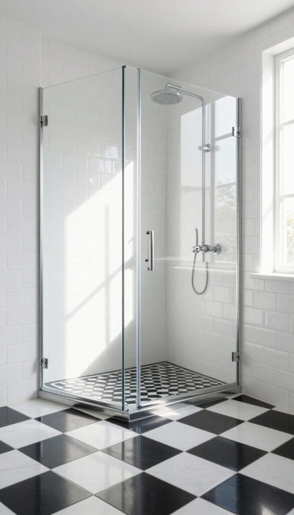 Modern bathroom shower with black and white checkerboard floor and white subway tile walls, bright natural light.