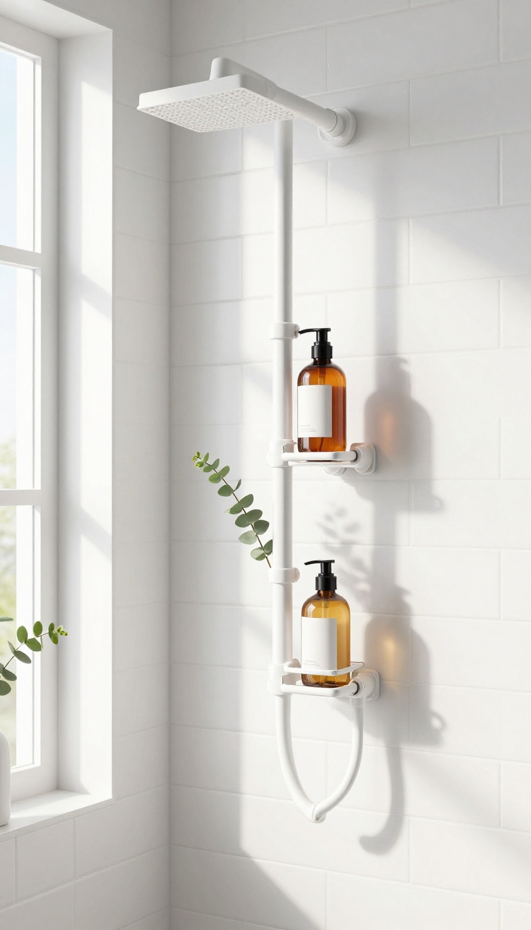 Custom DIY PVC pipe shower caddy mounted on a white tile bathroom wall, holding colorful bottles, with natural light and a fresh, organized look.
