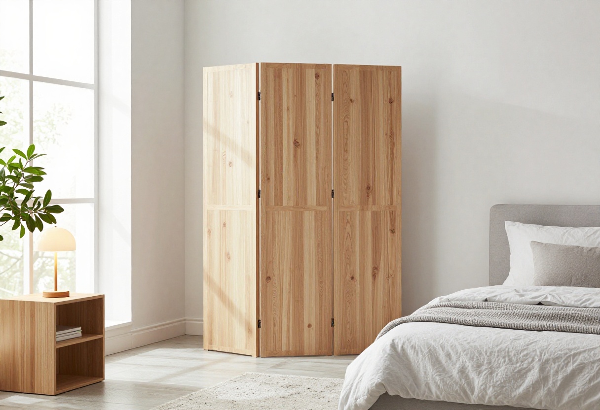 Stylish wooden folding screen divider creating a private zone in a bedroom