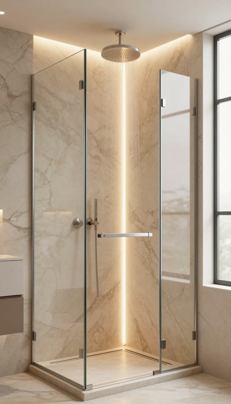 Walk-in onyx shower with LED strip lighting along the edges, showcasing a glowing effect that enhances the sense of space.