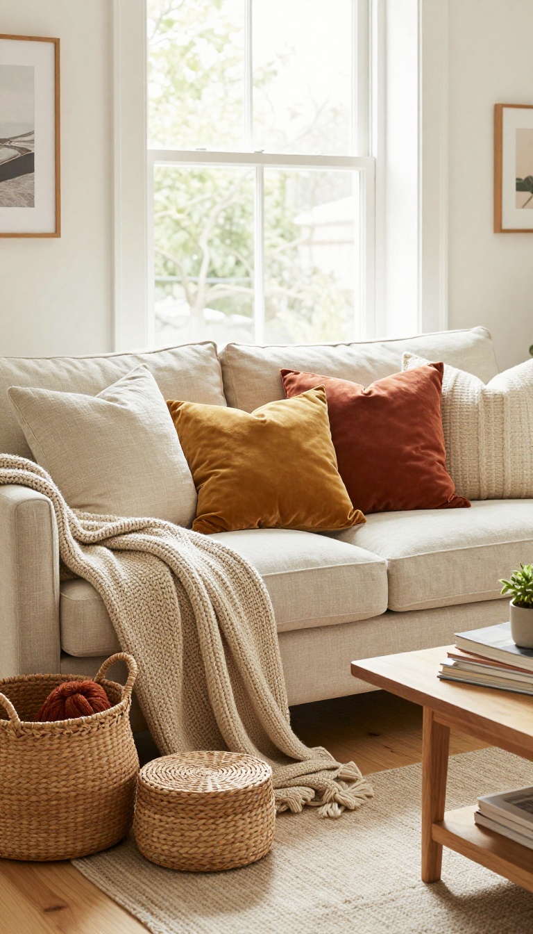 Cozy rental living room with a neutral sofa styled with colorful throw pillows, a draped knit blanket, and woven baskets for storage