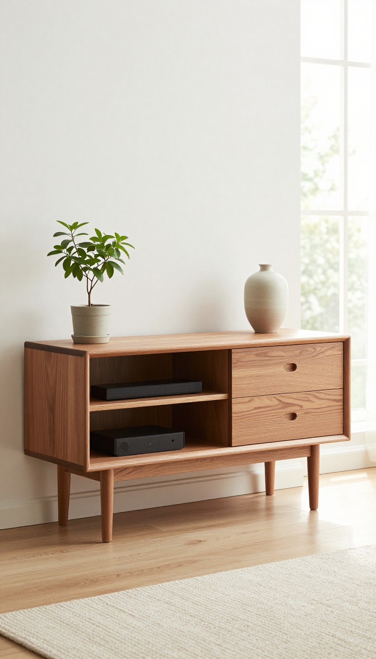 Mid-century modern walnut TV stand with tapered legs in a bright small living room, styled with a plant and ceramic vase