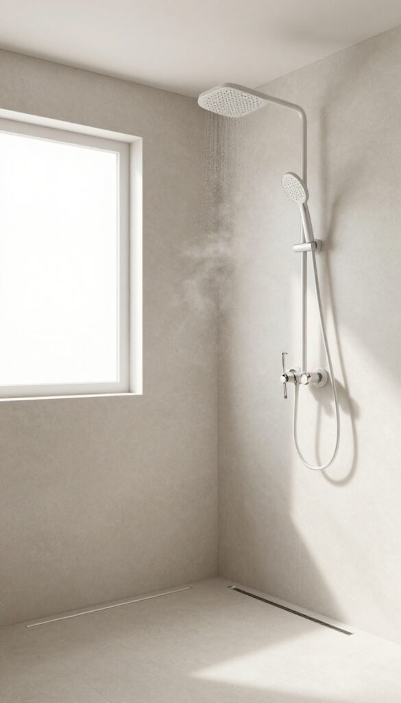 Modern bathroom with concrete shower pan and linear drain, barrier-free entry, rainfall showerhead, bright natural light.