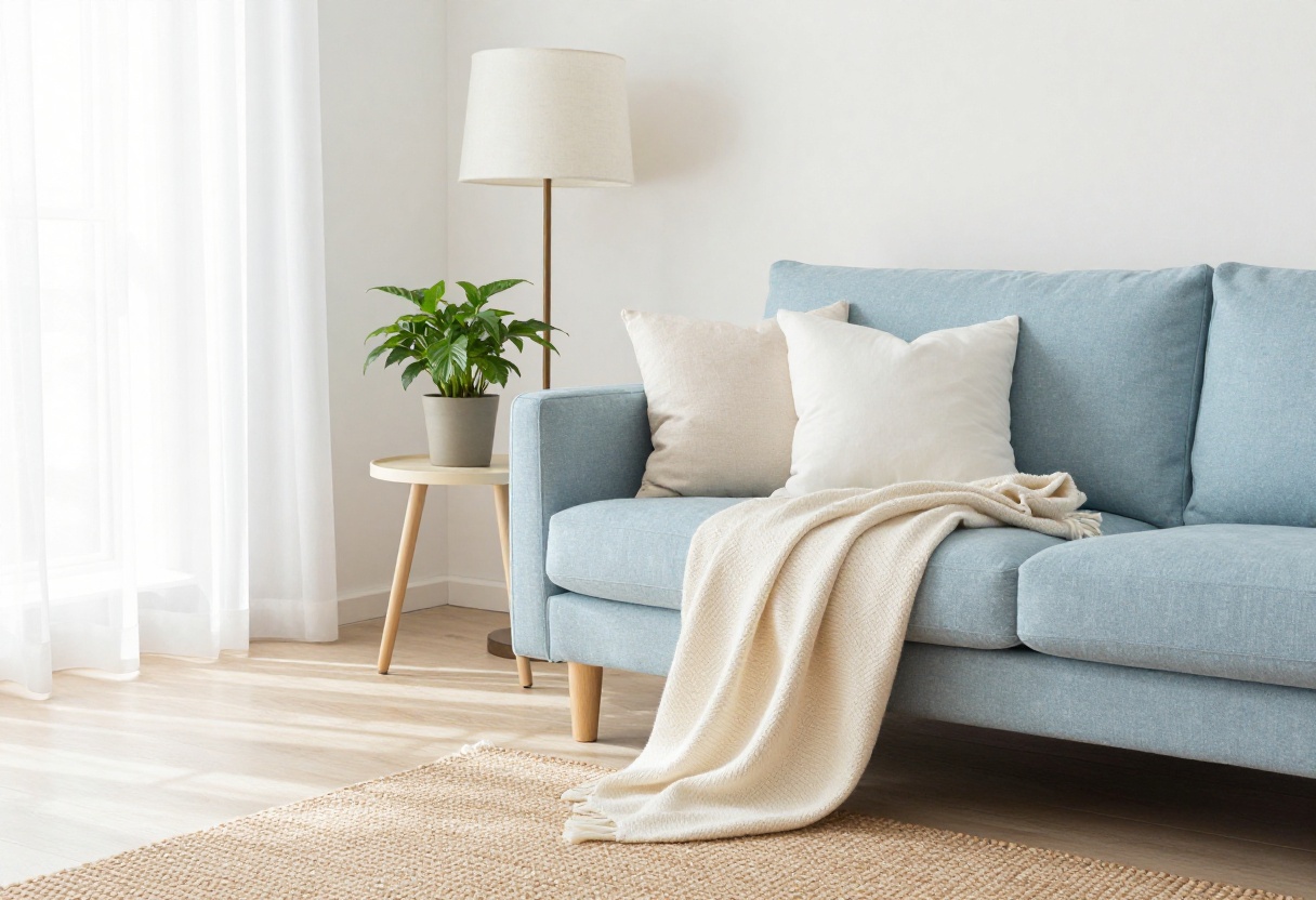 Serene living room with a light blue couch, neutral pillows, jute rug, and sheer curtains letting in natural light.