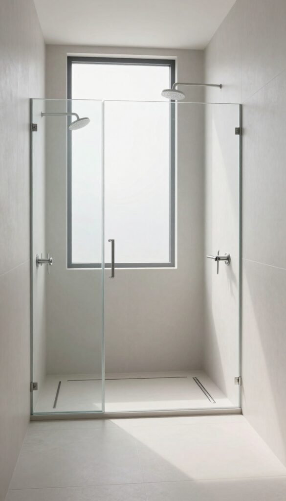 A sleek double shower with a flat tile floor and a linear drain along the wall, creating a modern, seamless look.