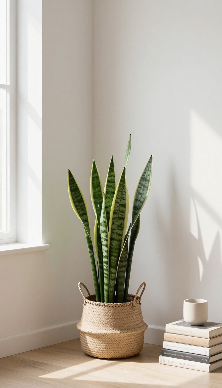 Cozy small living room corner with a compact potted plant in a woven basket, soft natural light, and a simple floor lamp accent