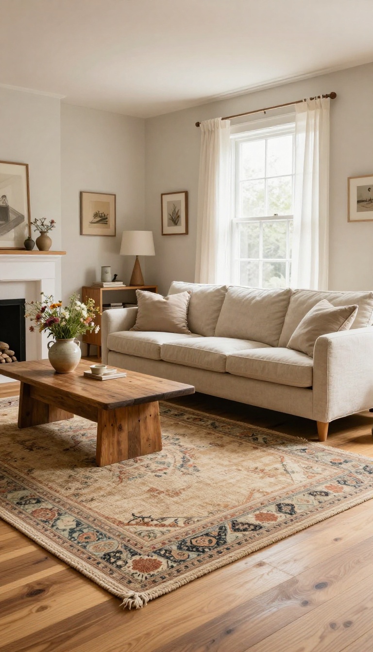 Cozy country living room with a braided jute rug layered with a faded vintage Oriental runner beneath a linen sofa and wooden coffee table in bright natural light