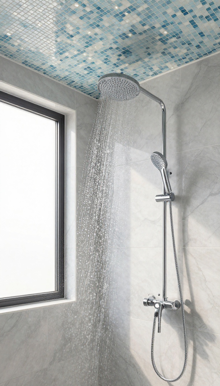 Modern shower with a shimmering glass mosaic tile ceiling that reflects natural light and adds a custom, spa-like finish