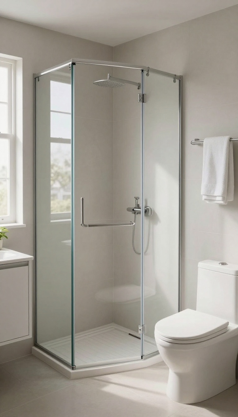 Compact shower with frameless sliding glass door in a bright, modern bathroom