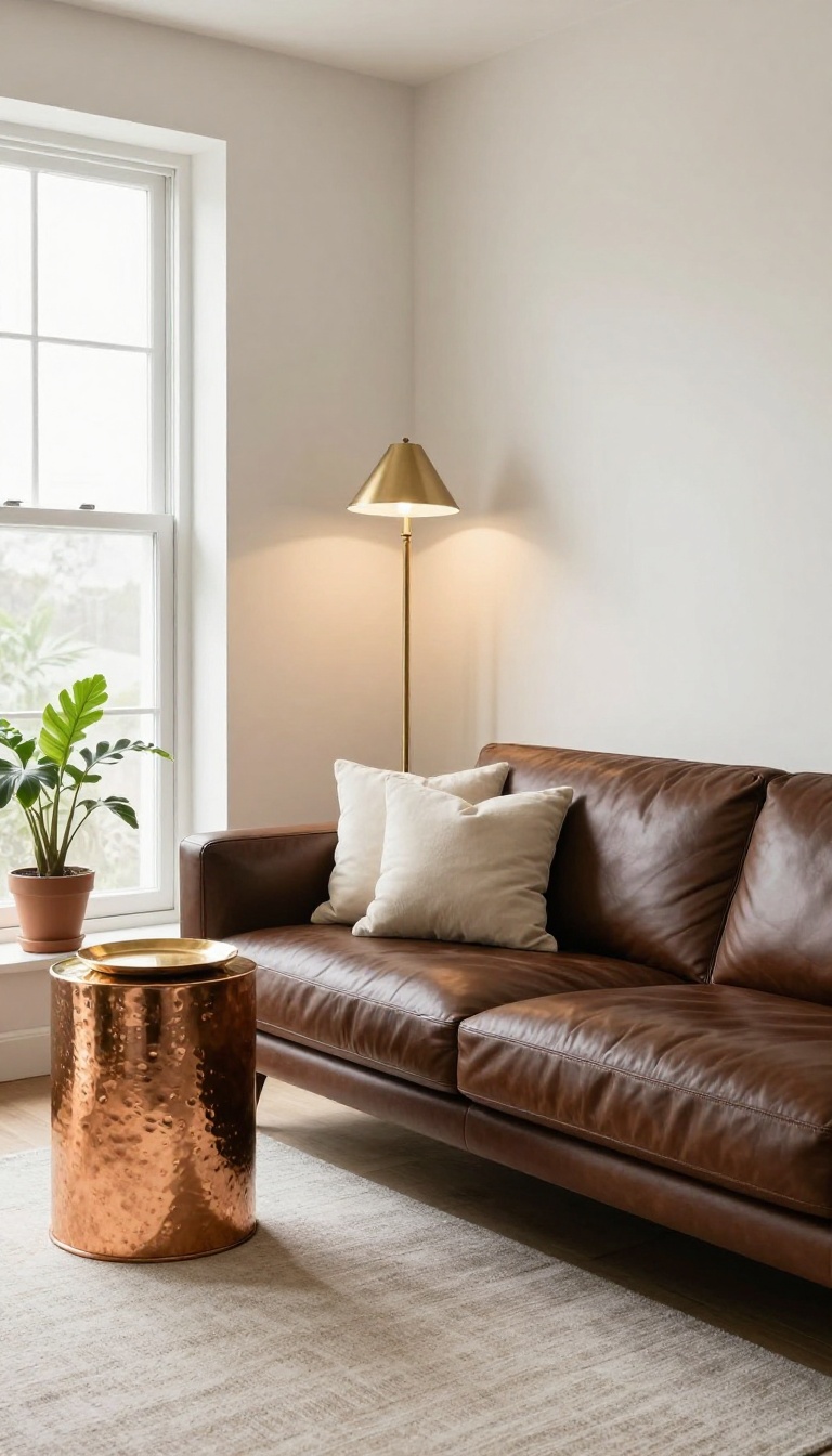 Chocolate brown leather couch in a bright living room with a brass floor lamp, copper side table, and gold tray adding warm metallic shine