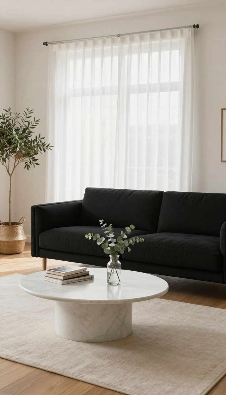 Bright living room with a black couch and a light white marble coffee table reflecting natural sunlight