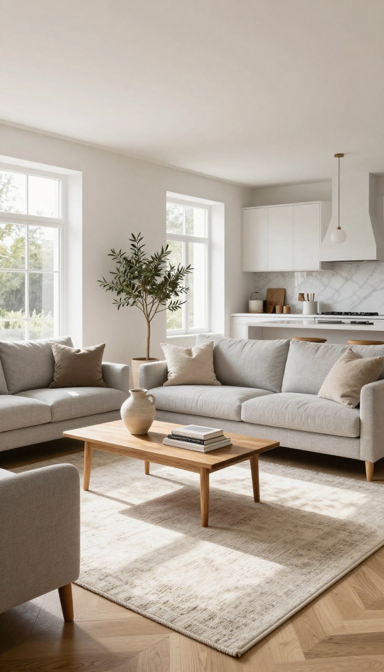 Large area rug anchoring a bright open-plan living room with a sofa and armchairs, kitchen visible in the background