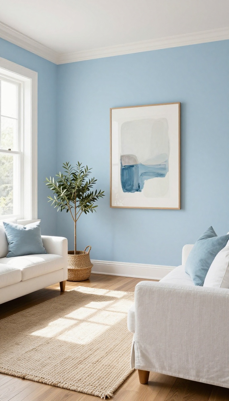 Light blue accent wall behind a gray sofa in a bright living room with white trim, framed art, and warm wood floors