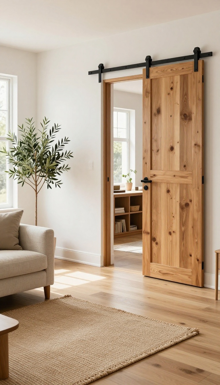 Bright open-plan living room with a reclaimed wood sliding barn door on a top-mounted track, partially open to reveal a small home office nook
