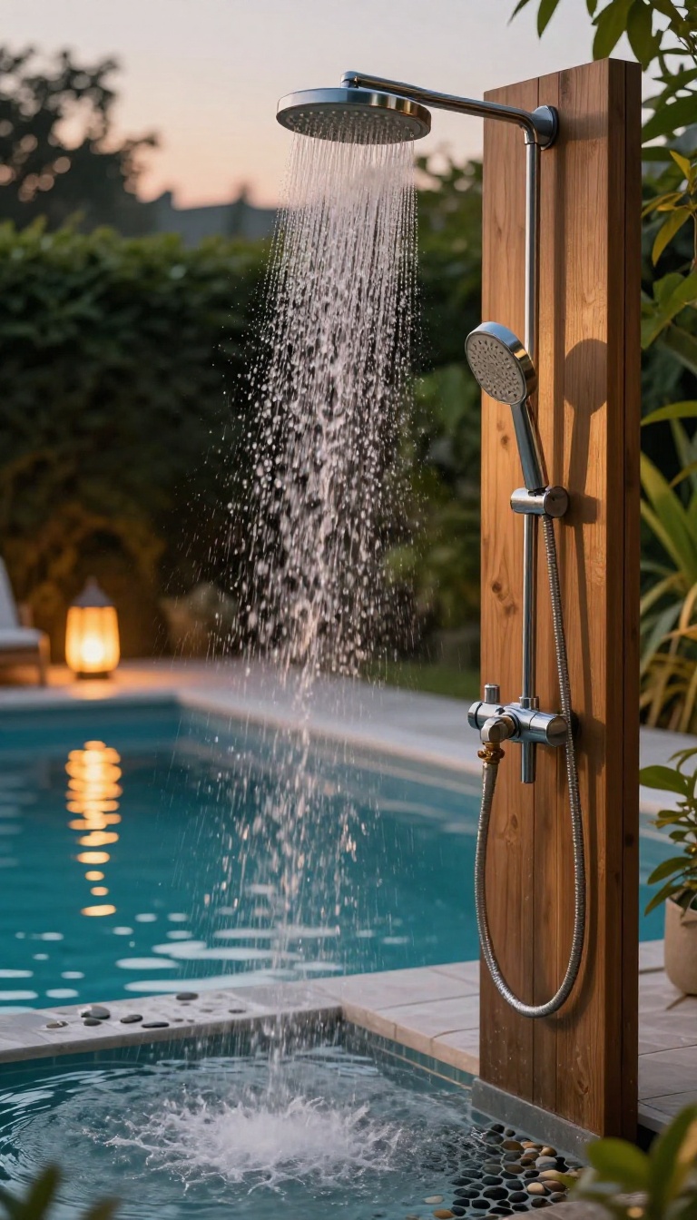 Outdoor pool shower with a tankless water heater and warm water flowing at dusk