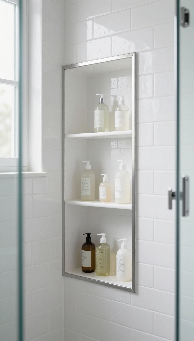Tiled knee wall with a narrow built-in recessed shower caddy niche holding shampoo bottles beside a walk-in shower