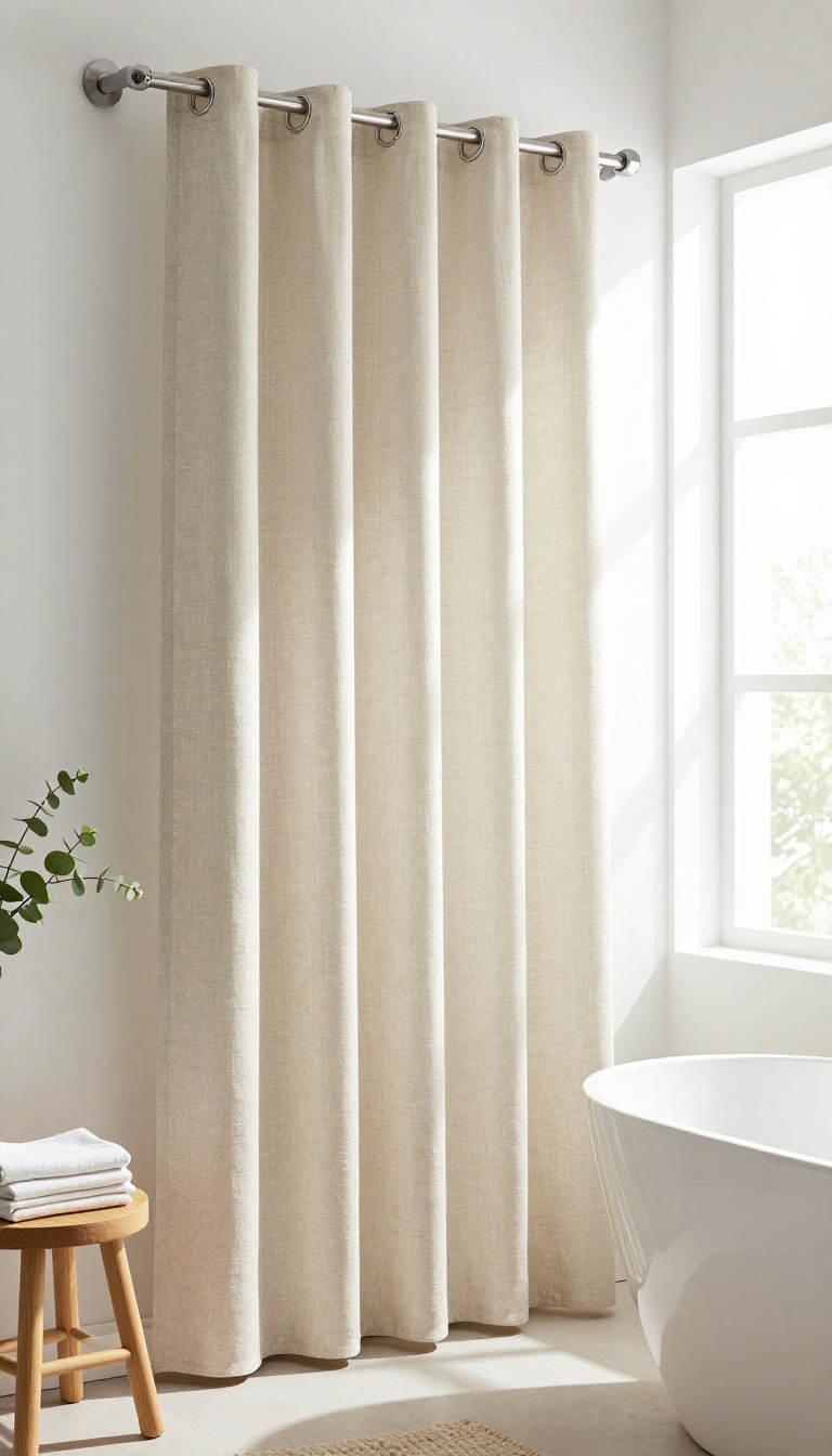 Custom linen shower curtain with tailored hem and buttonholes in a bright bathroom with natural light