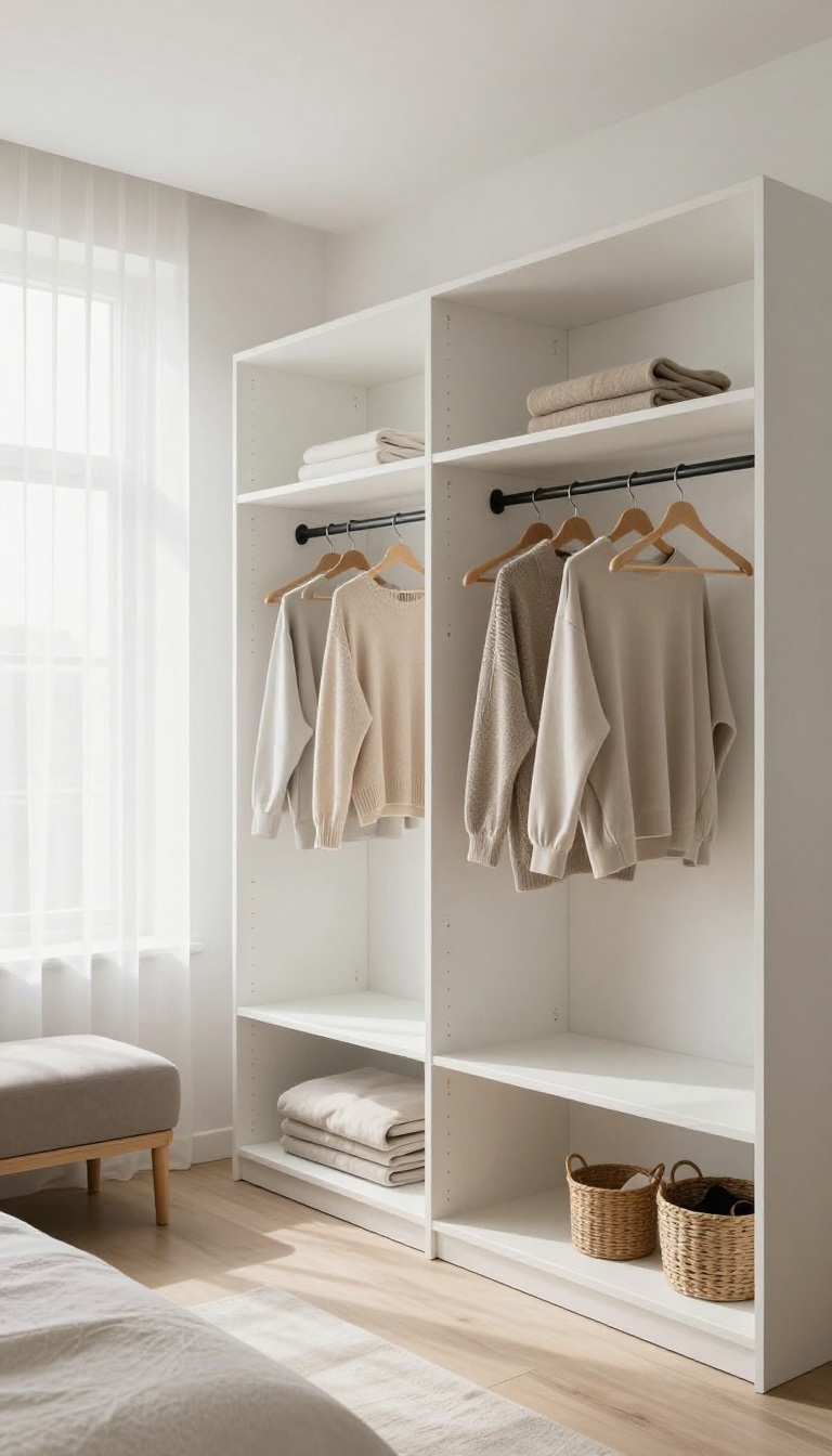 Modern minimalist bedroom with an open wardrobe system featuring hanging rods, shelves, and woven baskets in bright natural light