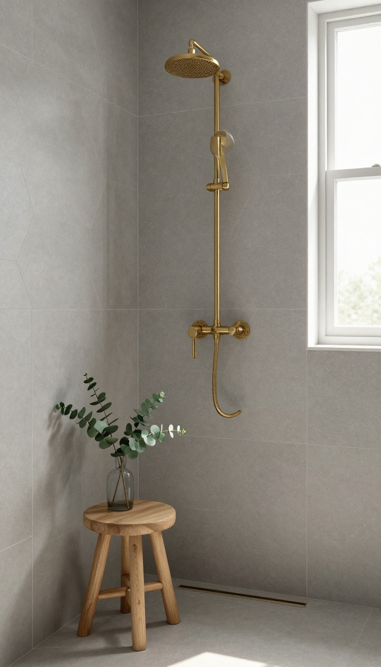 Soft gray matte hexagon tile shower wall with brass fixtures in a calm, spa-like bathroom