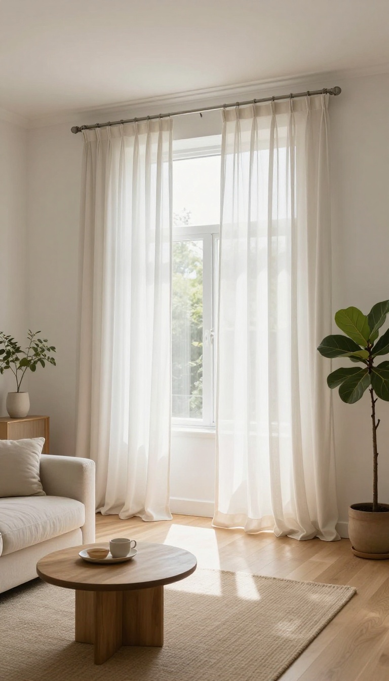 Low ceiling living room with floor-length light curtains hung high and wide near the ceiling to make the space feel taller