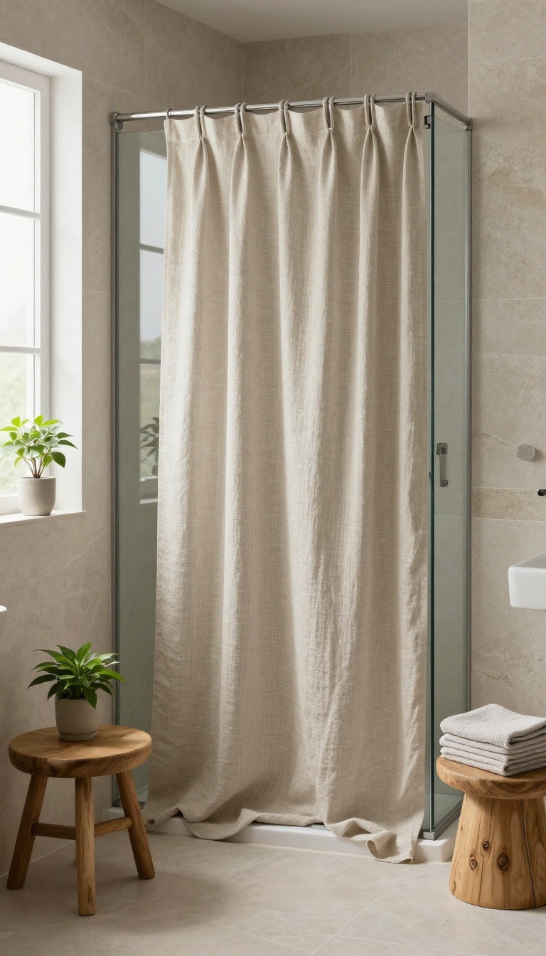 Linen curtain in a walk-in shower with natural stone and soft lighting