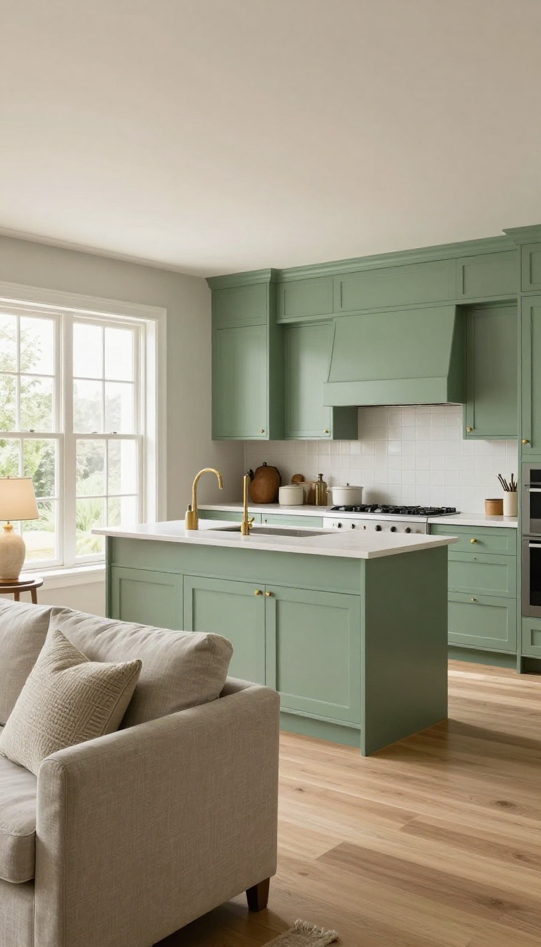 Open-concept kitchen and living room painted entirely in soft sage green, with matching cabinets, walls, and ceiling creating a seamless flow between both spaces