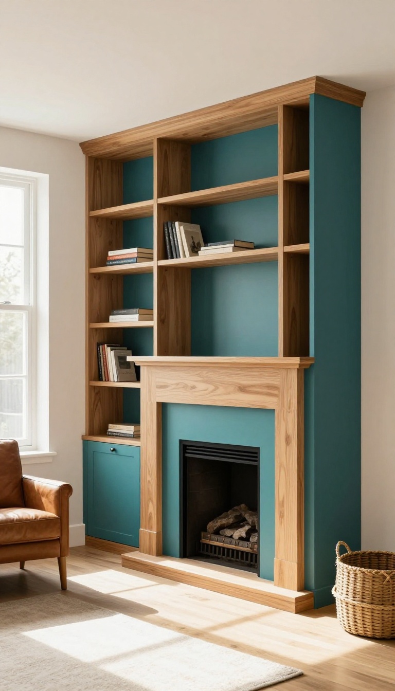 Teal built-in bookcase with natural wood trim in a bright living room, paired with a brown leather chair and woven basket.