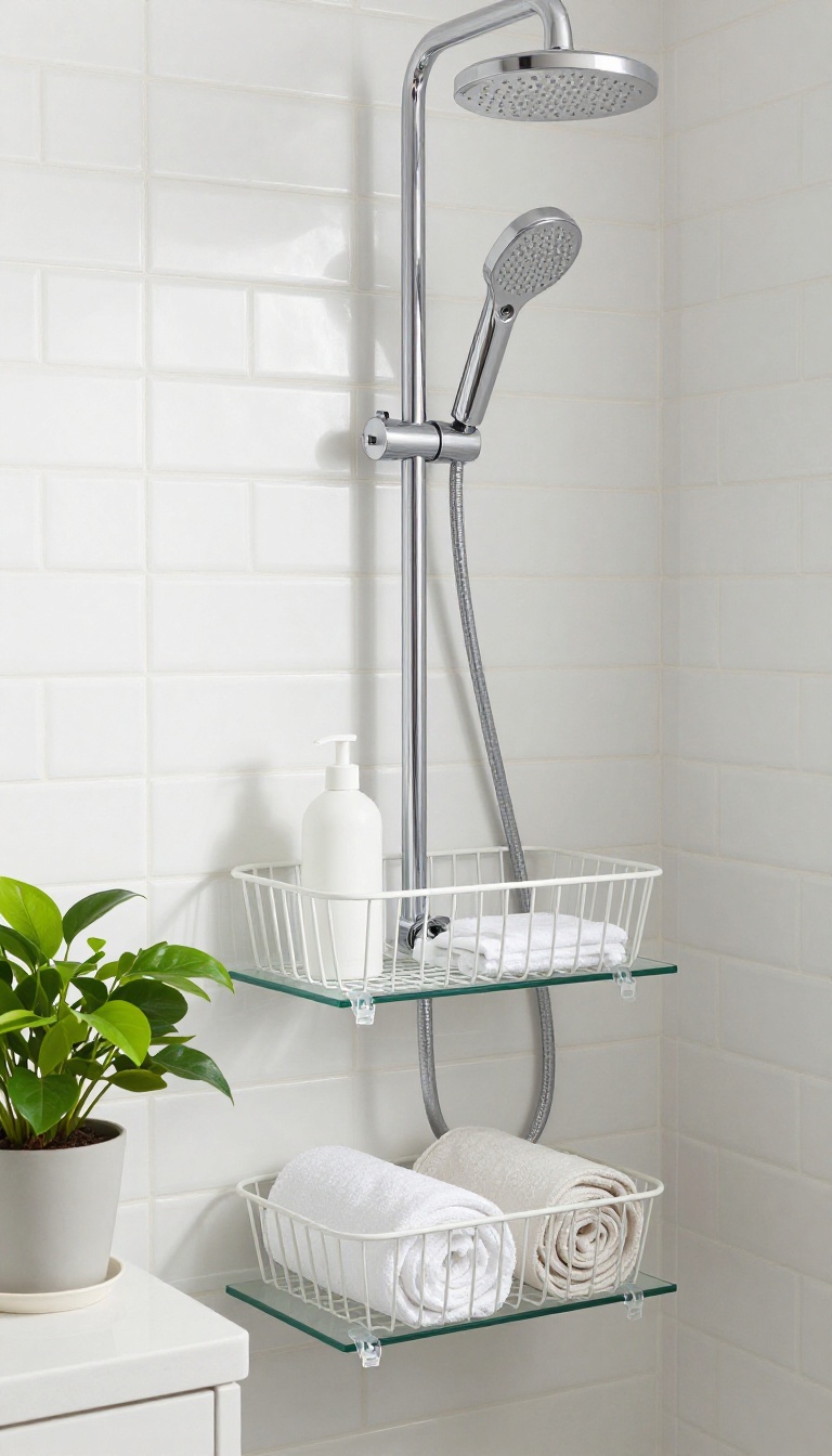 Under-shelf basket attached below a shower shelf holding spare toiletries