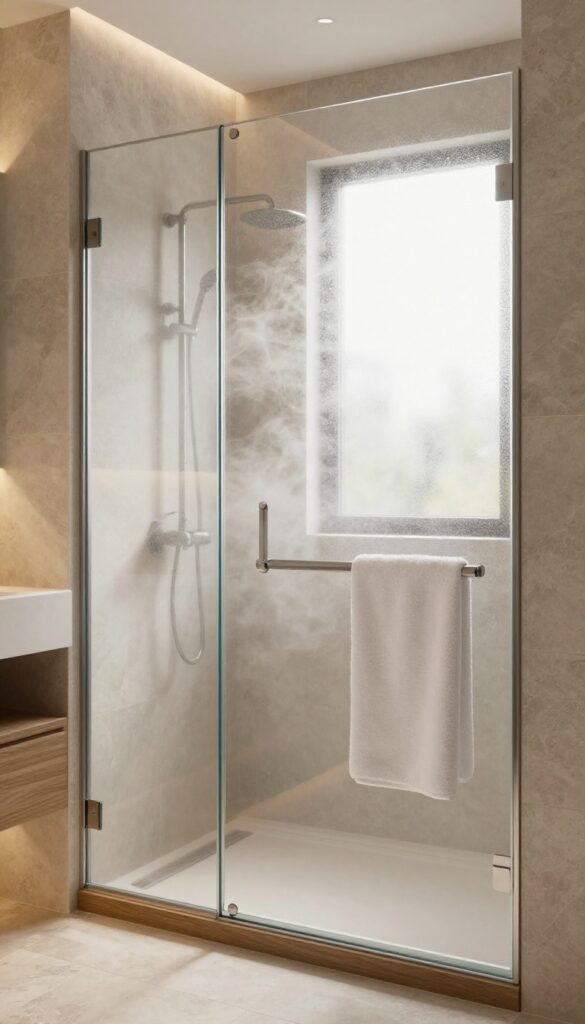 Modern bathroom with a heated glass shower screen emitting a warm glow, creating a cozy and inviting atmosphere.