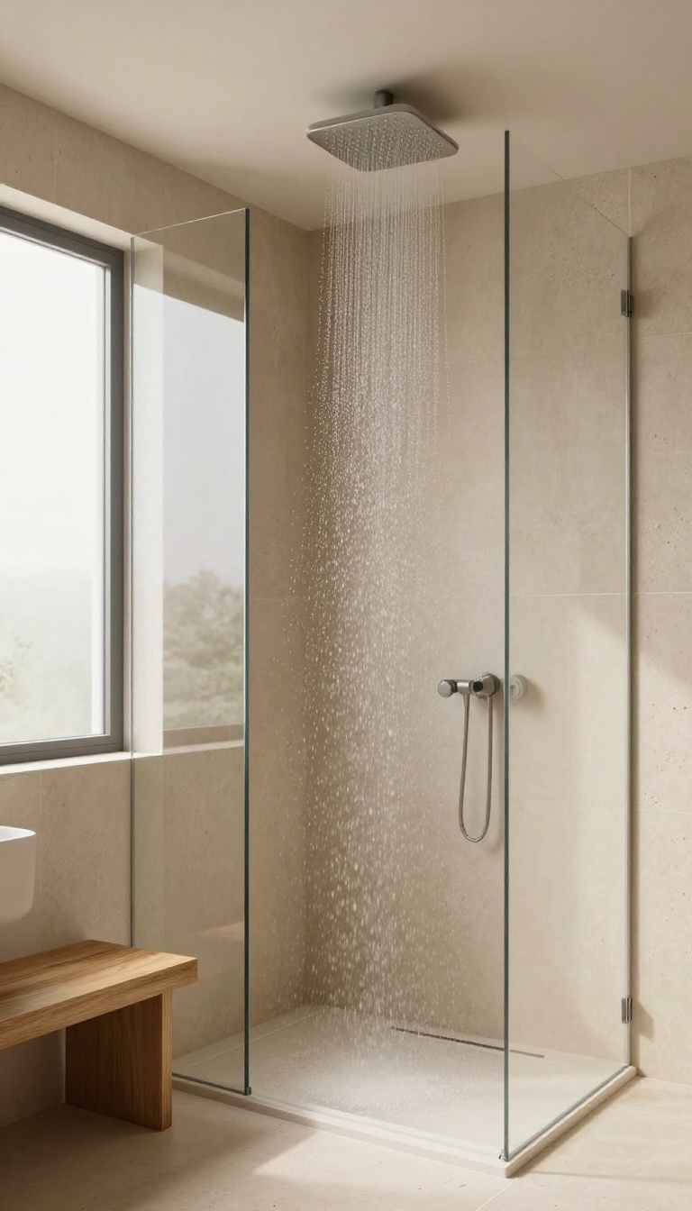 A modern wet room with a rainfall showerhead in use, showcasing a calm and functional design.