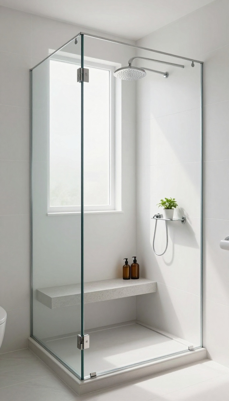 Modern walk-in shower with a built-in quartz bench, featuring toiletries and natural light