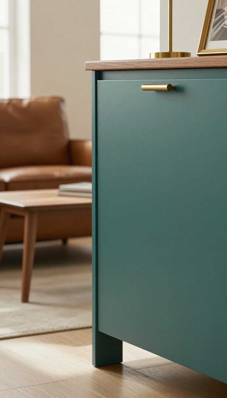 Warm modern living room with a teal cabinet featuring a brass pull handle, brown leather sofa, and brass accents in bright natural light
