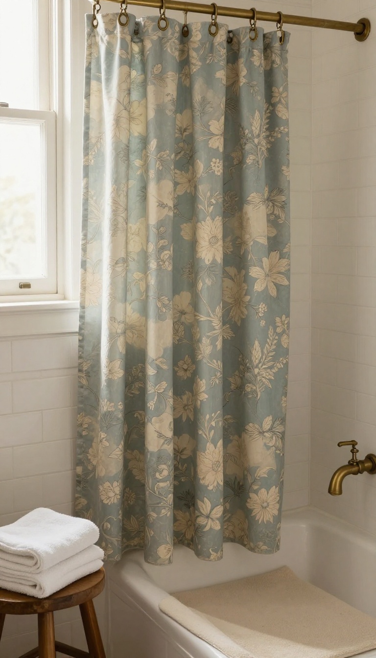 Vintage-inspired floral shower curtain in muted blue and cream hanging from antique brass hardware in a softly lit bathroom with neutral accessories