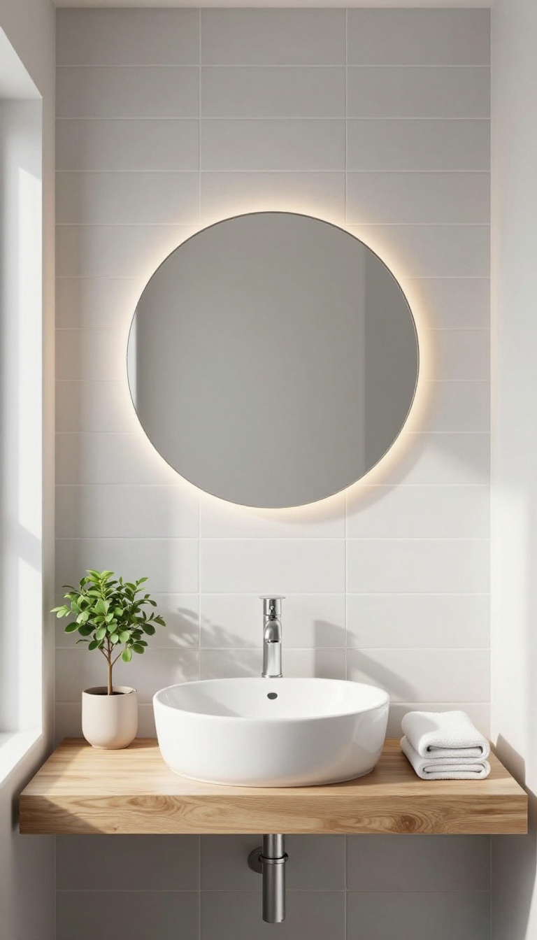 Modern bathroom with a round backlit mirror glowing softly above a white sink on a wooden vanity, with natural light and spa-like decor.