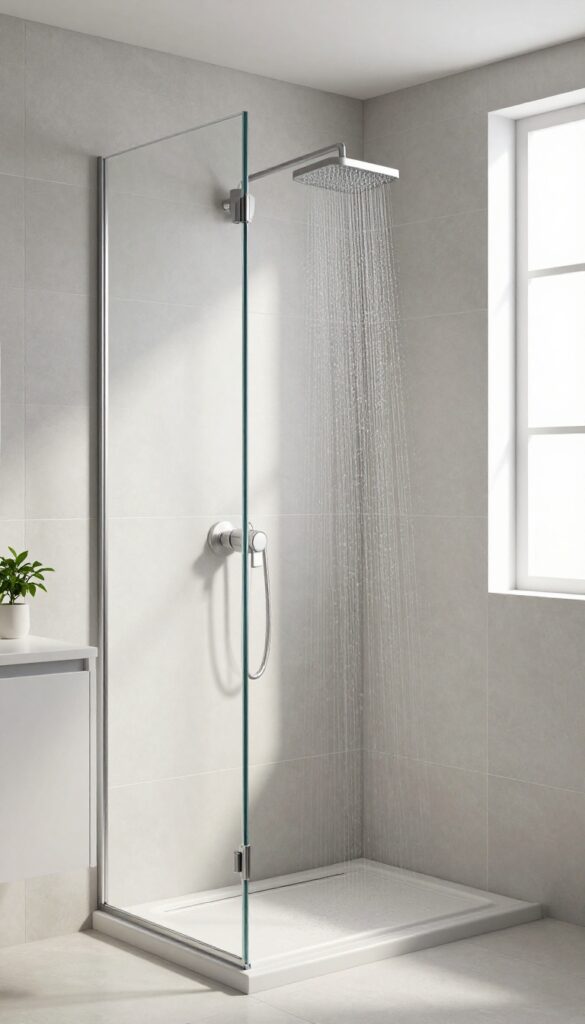 Modern walk-in shower with frameless glass panel in a bright, airy bathroom.