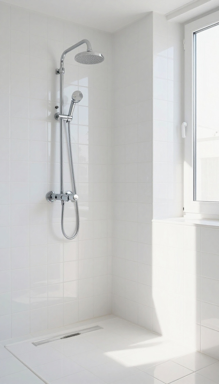 Glossy white square shower tiles with matching grout lines creating a seamless bright bathroom wall