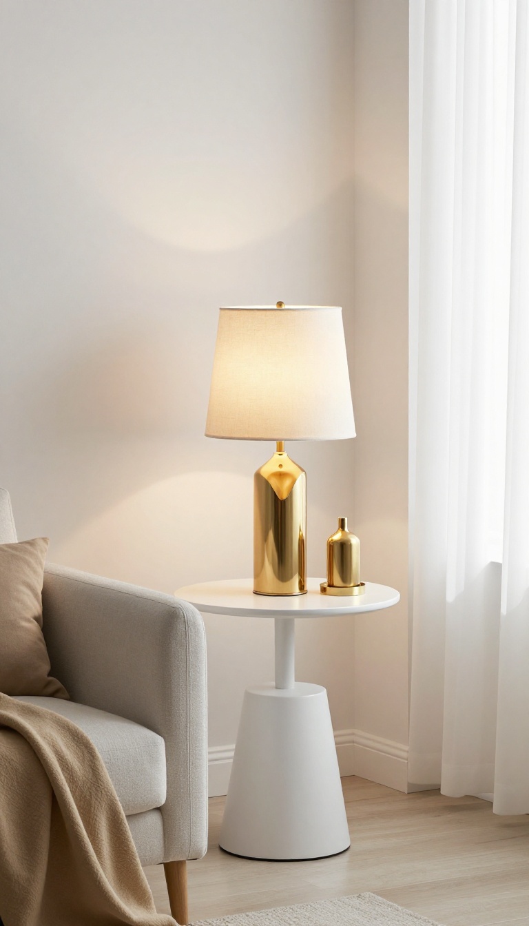 Gold table lamp with a cream linen shade glowing on a white side table in an elegant white and gold living room