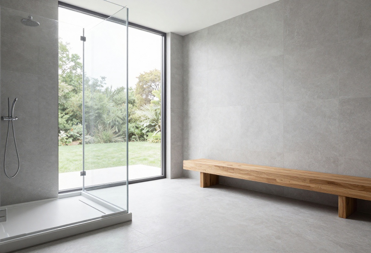 Modern bathroom with a curbless shower and linear drain, showcasing a sleek, low-profile threshold.