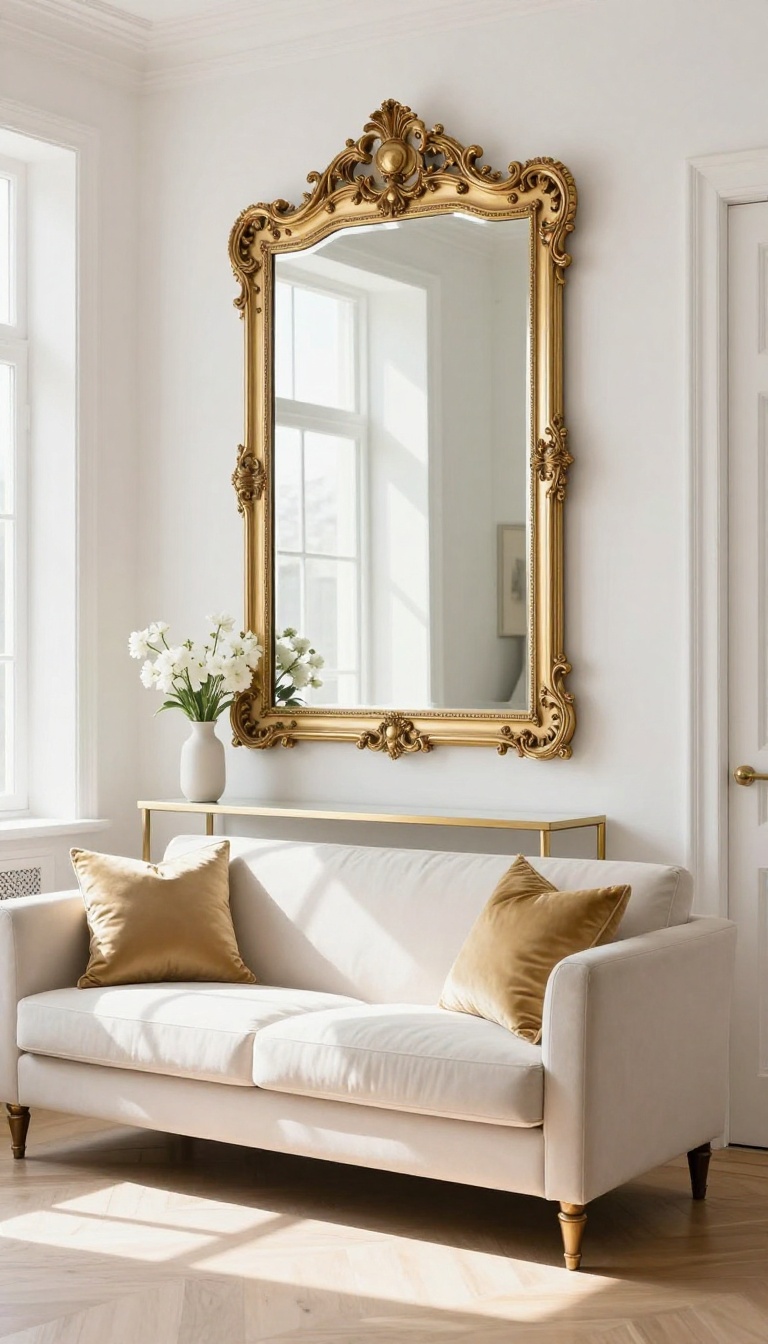 Elegant white and gold living room with a large gold-framed mirror reflecting natural light above a gold console table