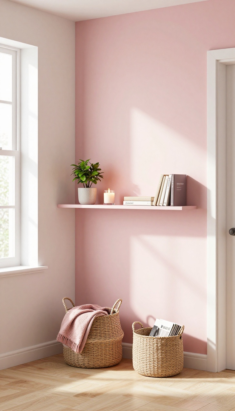 Cozy apartment living room corner with a blush pink floating shelf styled with books and a plant above woven pink storage baskets holding blankets and magazines