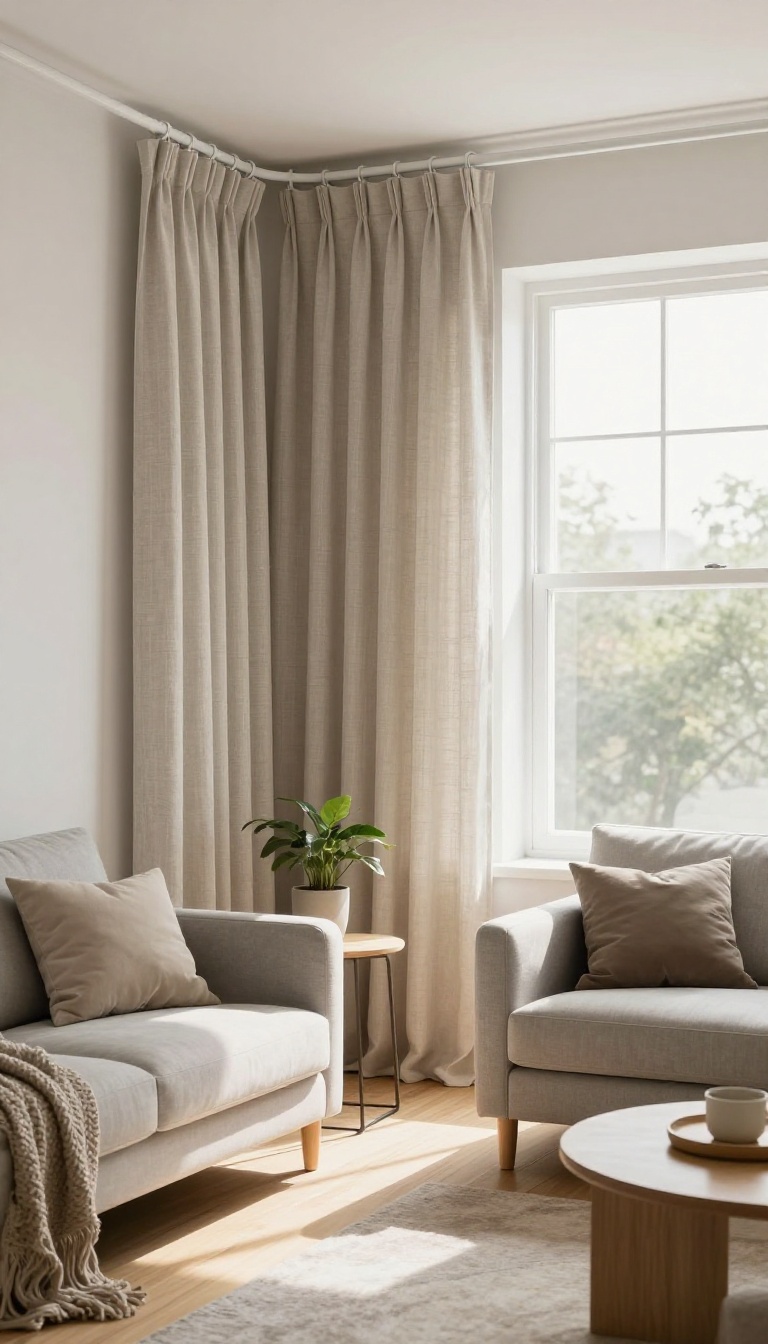 Ceiling-mounted curved curtain track dividing a bright small living room around a reading nook