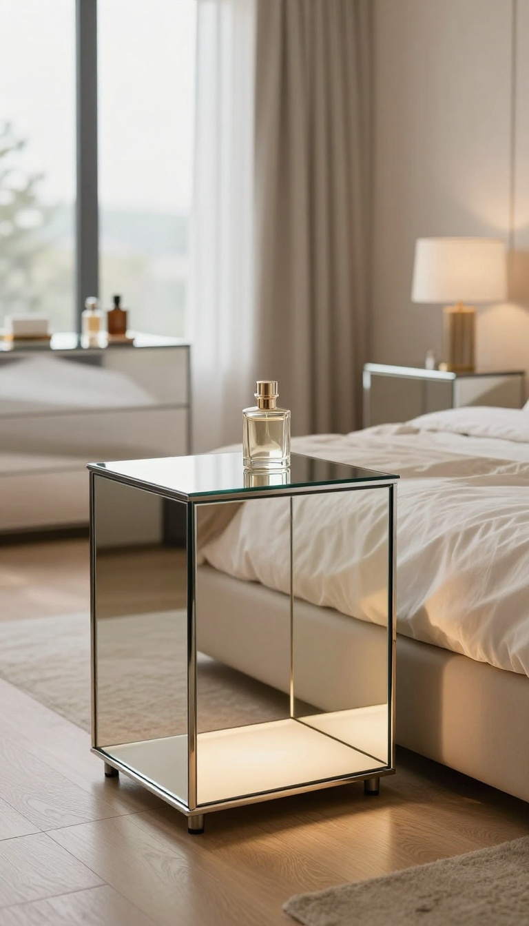 Luxury bedroom with a mirrored nightstand reflecting lamp light beside a neatly made bed and a glass-top dresser in the background