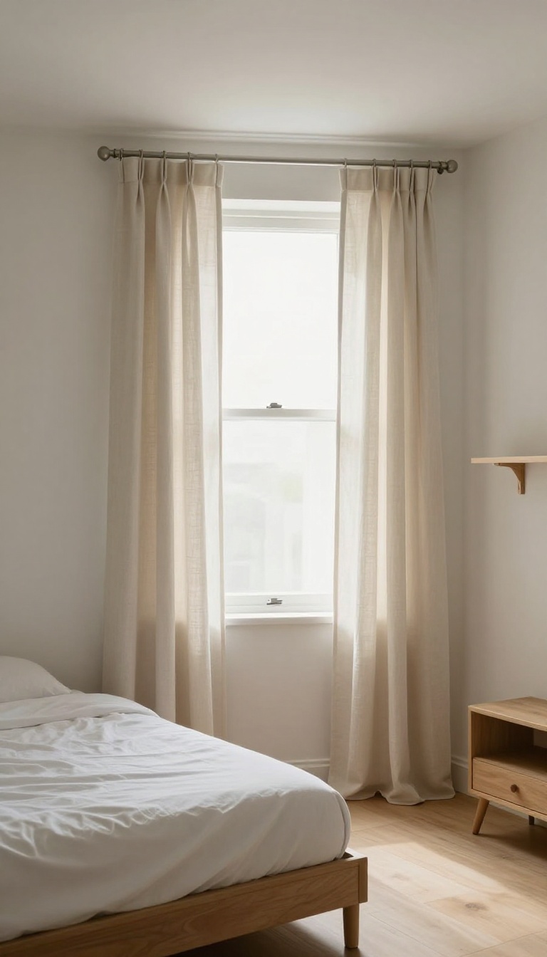 Small bedroom with curtains hung high and wide near the ceiling to make the window look bigger