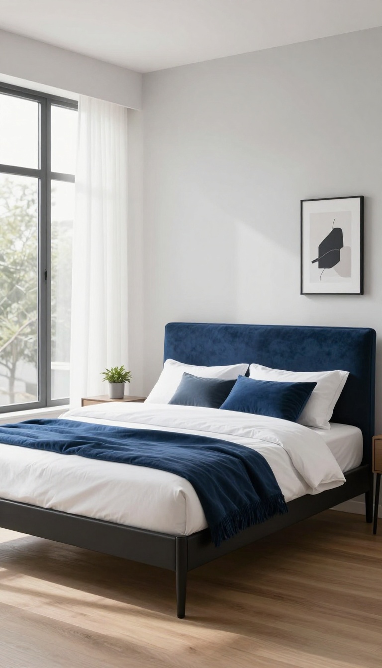 Modern bedroom with a matte black bed frame and a blue upholstered headboard in bright natural light