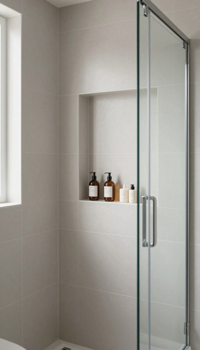 Modern bathroom shower with a recessed tile niche holding shampoo and soap bottles, lit by bright natural light