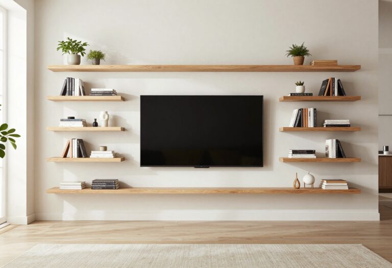 Modern living room with floating shelves around a wall-mounted TV, styled with books and plants.