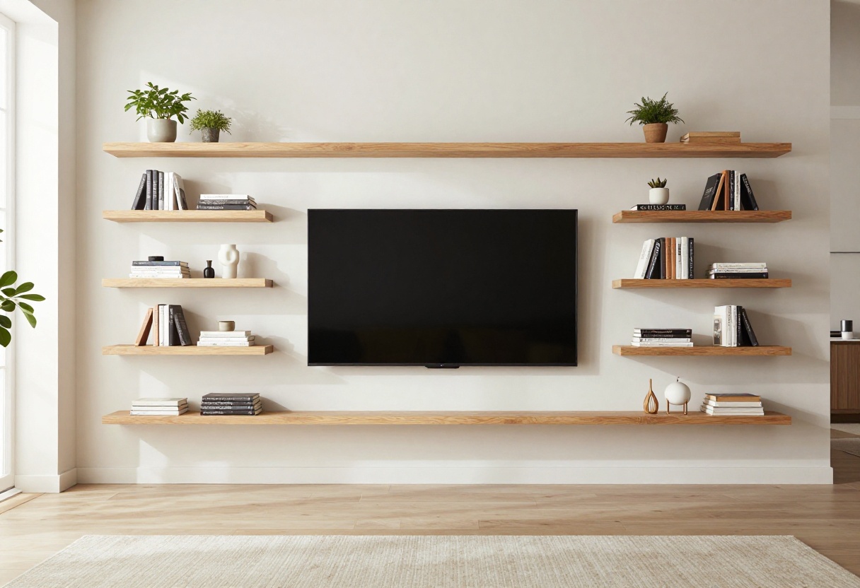 Modern living room with floating shelves around a wall-mounted TV, styled with books and plants.
